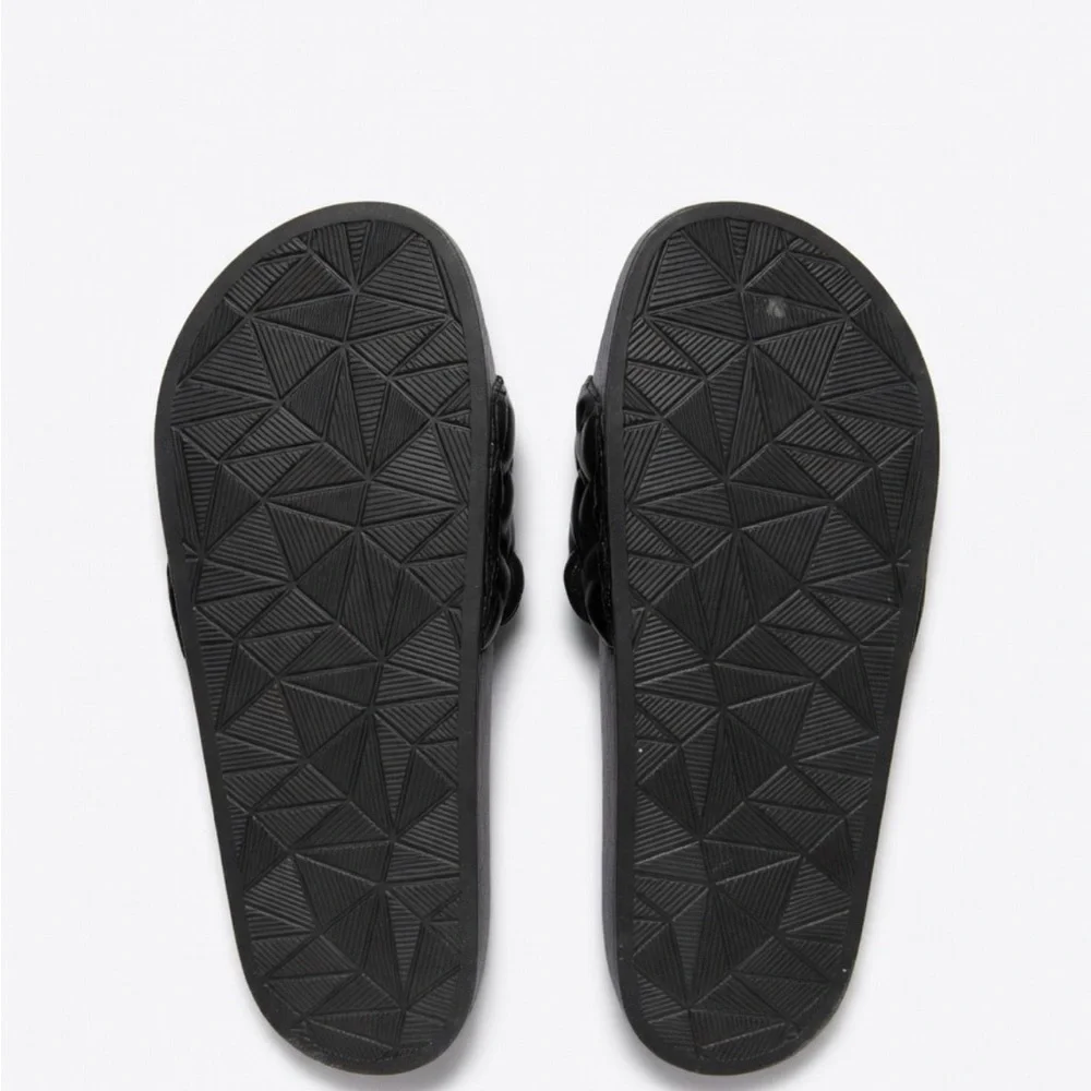 Kurt Geiger Black Quilted Slide Sandals with Gold Bee Emblem - Picture 2 of 3